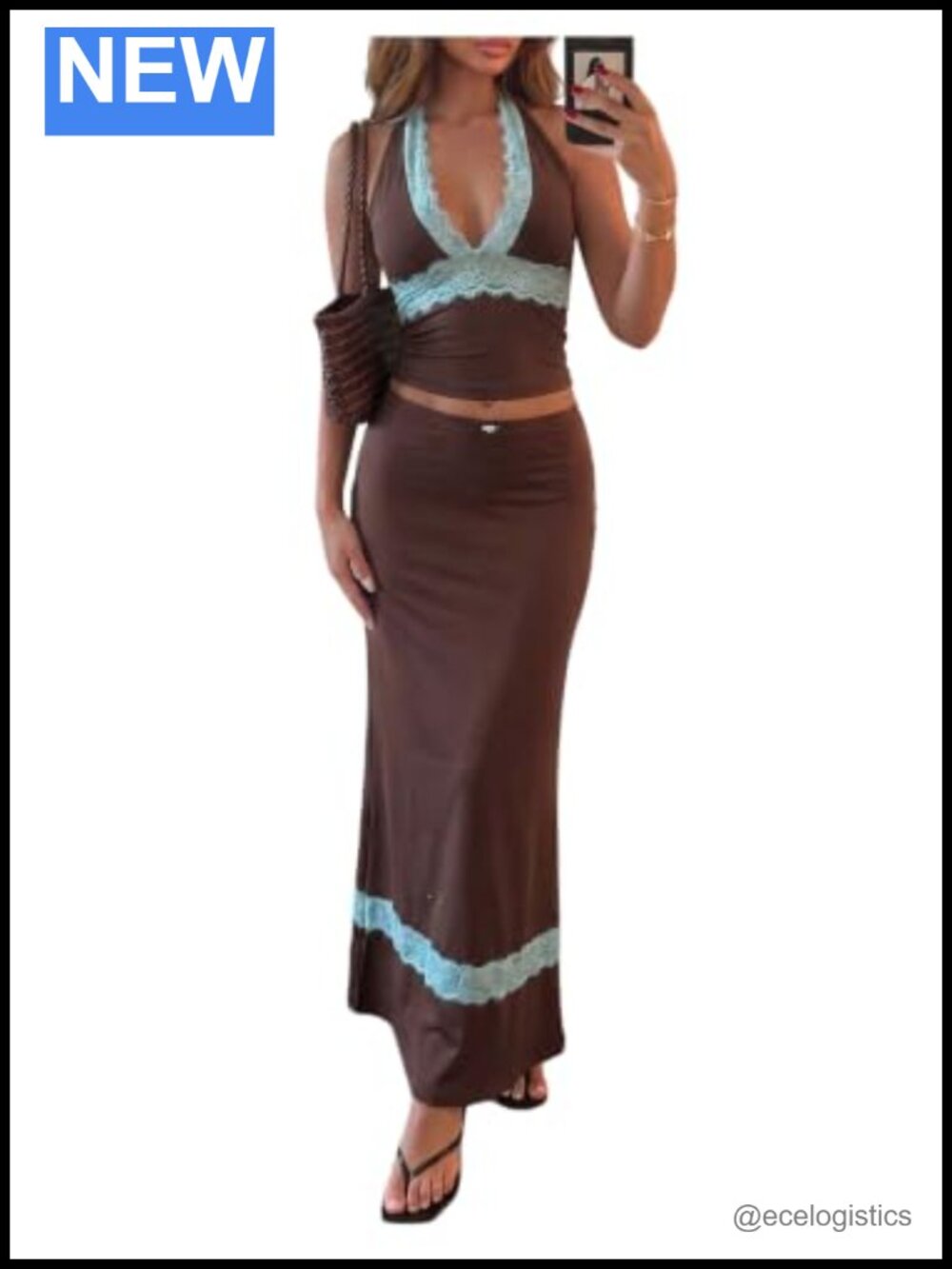 Women's 2 Piece Lace Crop Halter Top & Fishtail Maxi Skirt Set